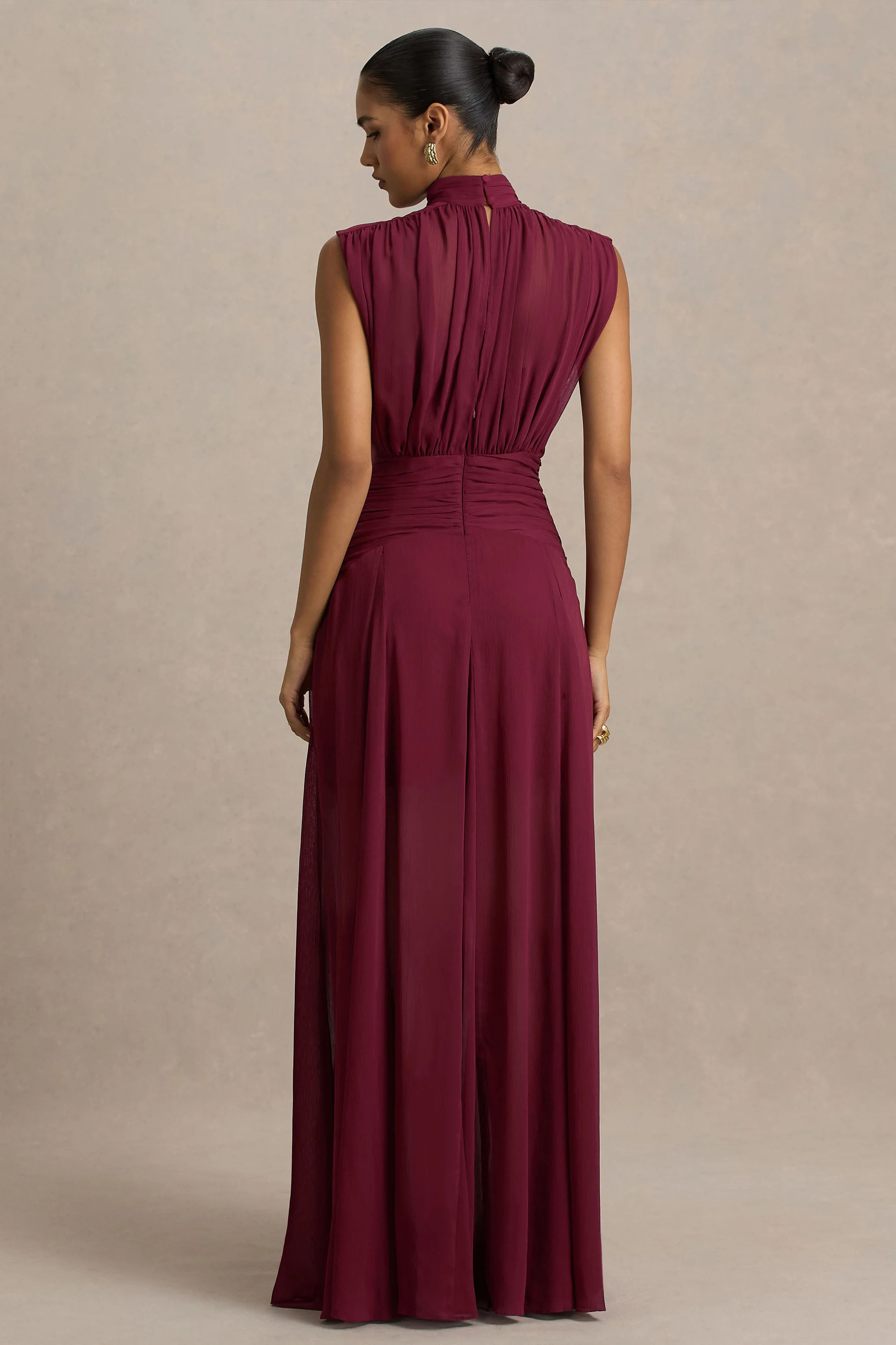Melanina | Burgundy High-Neck Maxi Dress With Ruched Detailing | Club L London