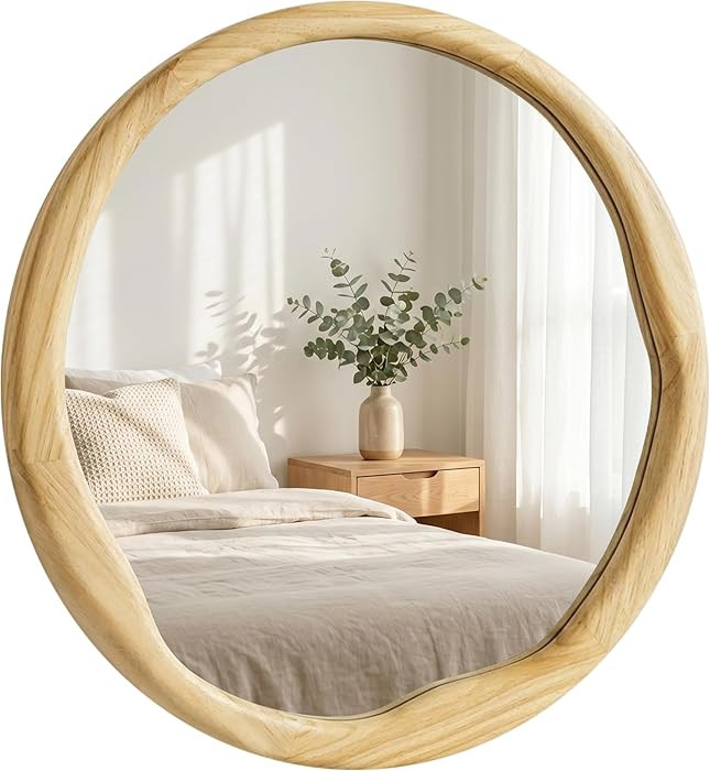 Natural Wood Round Mirror 24 Inch, Solid Wood Framed Wall Mirror with Irregular Wavy Inner Edge f... | Amazon (US)