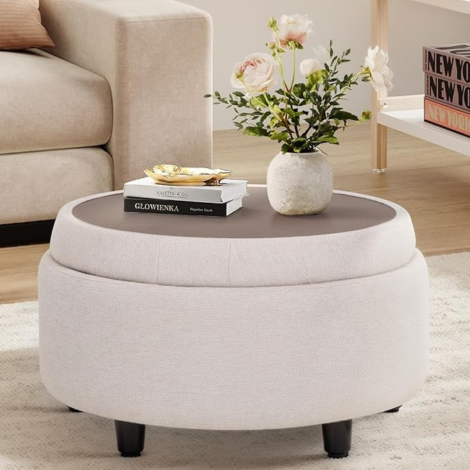 COLAMY Fabric Round Storage Ottoman with Reversible Tray Lid – Multi-Functional Footrest, Hidde... | Amazon (US)
