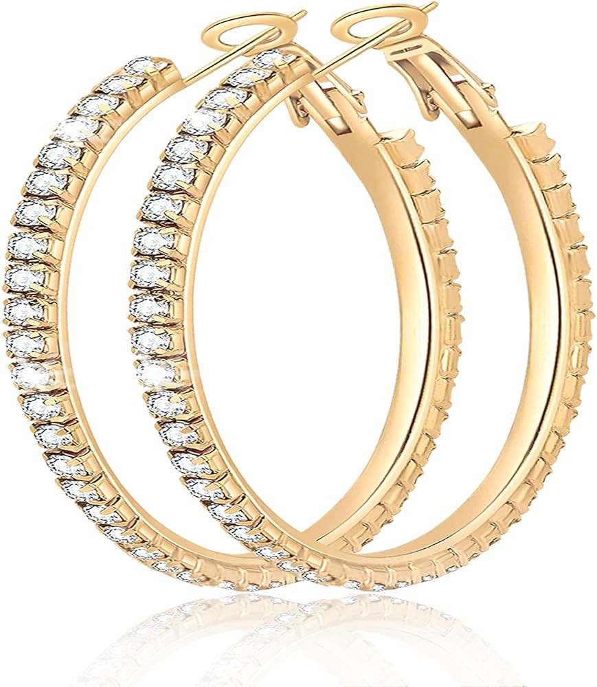 Large Rhinestone Silver Hoop Earrings for Women Sparkly Big Cubic Zirconia Hoops Earring for Wome... | Amazon (US)