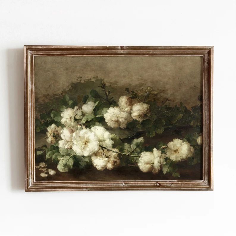 White Floral Still Life Vintage Rose Oil Painting Flower Art Moody Botanical Art Digital Download... | Etsy (US)