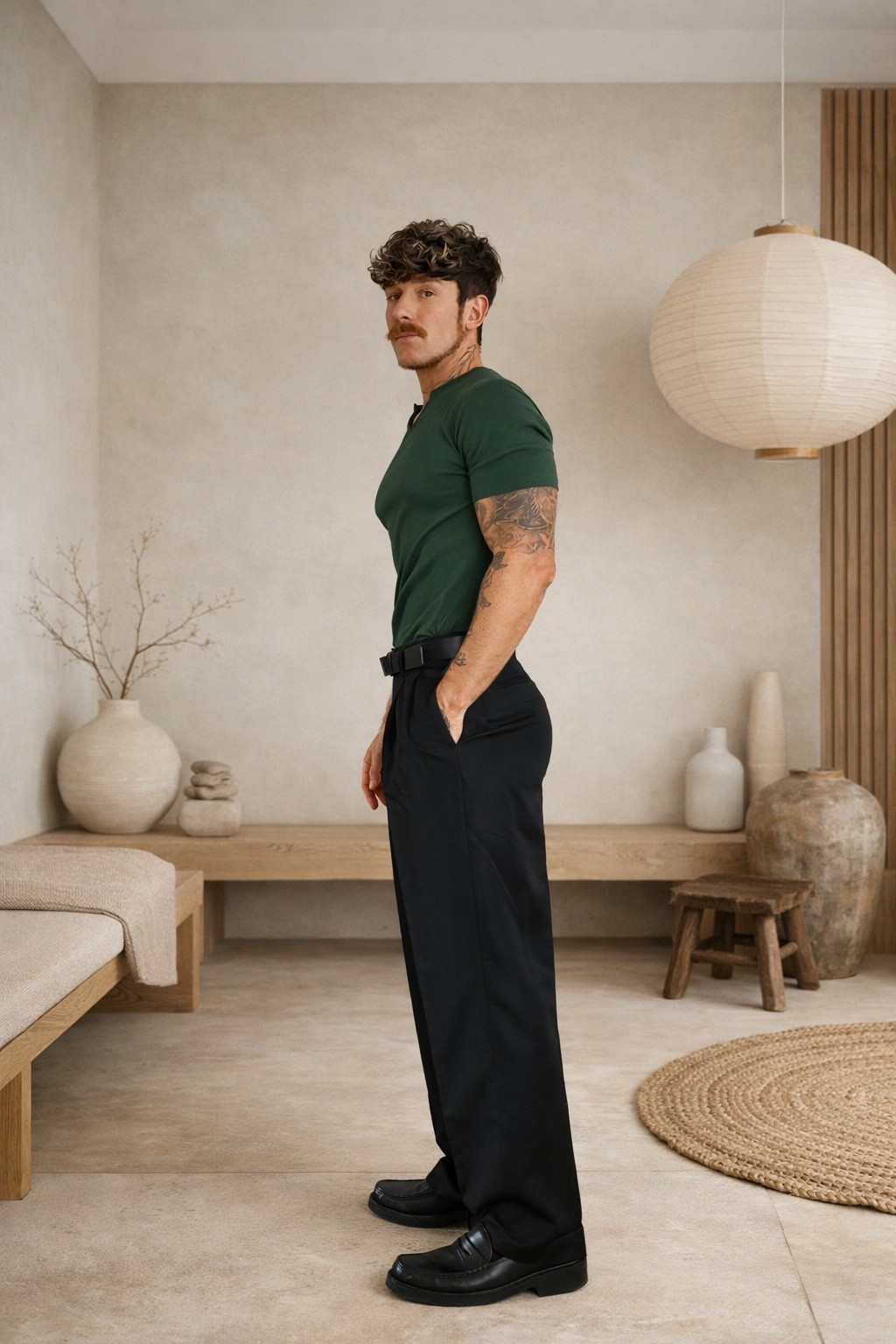 The FULL ASOS look 🫡 (green notch neck tee and black pleated trousers) 

#LTKuk #LTKsummer #LTKmens