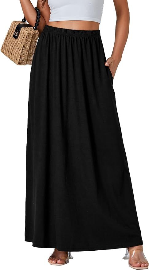 Vrtige Women's Casual Elastic High Waist Flowy Hem A Line Maxi Skirt with Pockets | Amazon (US)