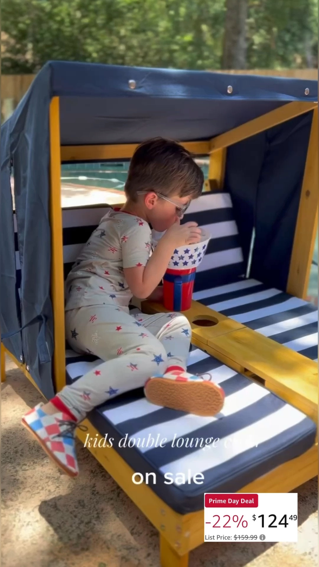 KidKraft Wooden Outdoor Double Chaise Lounge with Cup Holders, Kid's Patio Furniture, Honey with Navy and White Striped Fabric on sale! Perfect gift idea for kids! Outdoor fun. Outdoor furniture. Amazon prime day. Bobo is wearing Kyte Baby.

#LTKHome #LTKSaleAlert #LTKStyleTip