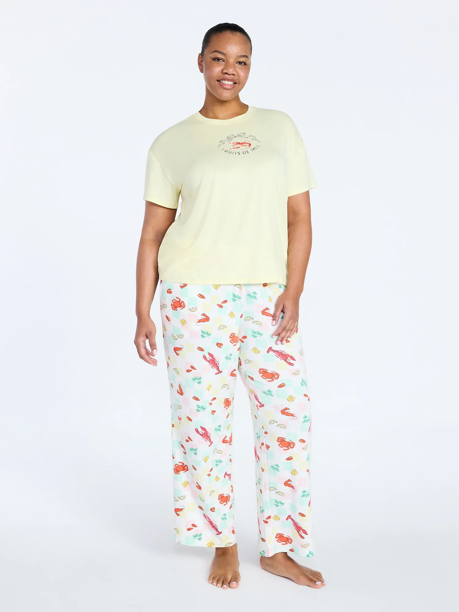 Joyspun Women's Dreamy Soft Collection Short Sleeve Sleep Top and Open Leg Pants Pajama Set, 2-Pi... | Walmart (US)