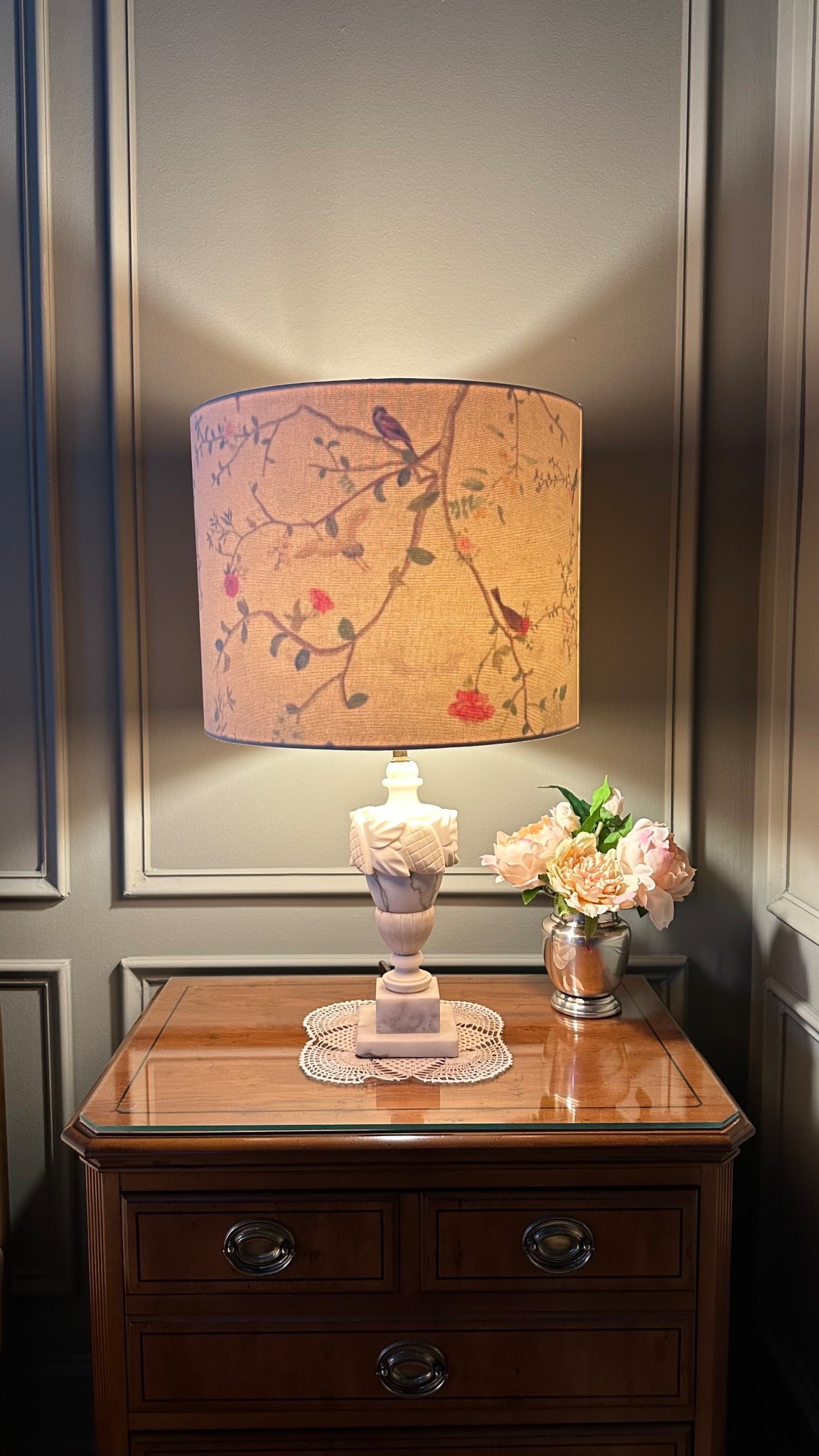 My vintage marble lamp styled with a new chinoiserie lampshade. Pink peonies styled in a silver plated vase perfect for a pop of spring decor. #nightstandstyling #bedroomdecor #springdecor #lampshade #homedecor 

#LTKHome