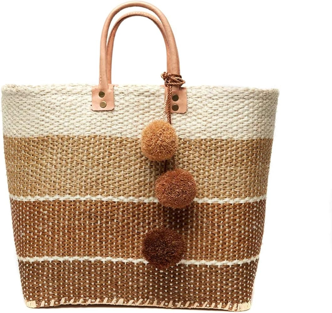 Mar Y Sol Samana Ombre Stripe Sisal Market Tote Straw XL Beach Bag w Pom Pom | Amazon (US)