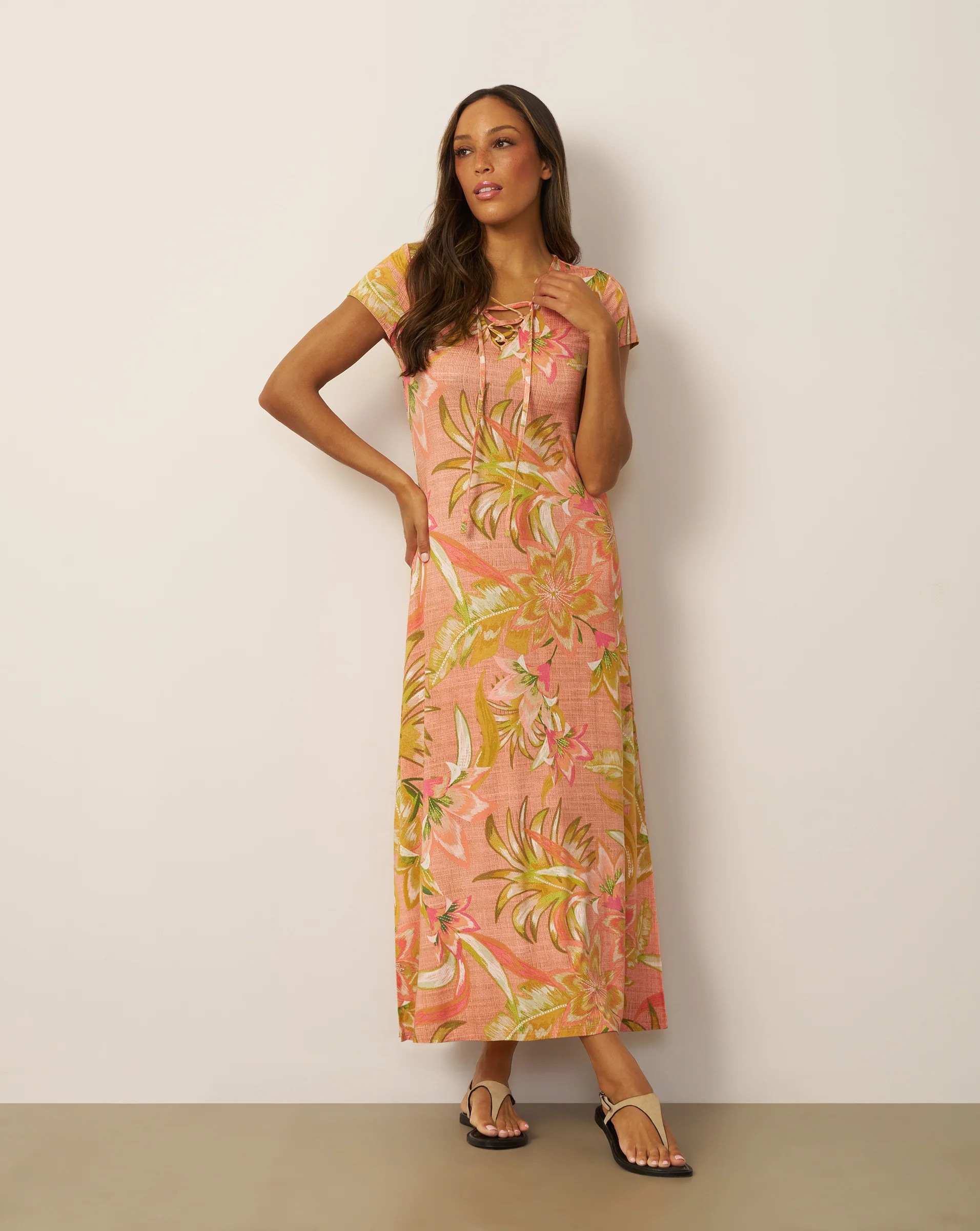 Women's Lace Up V Neck Printed Maxi Dress in Contessa | Cable & Gauge | Cable & Gauge