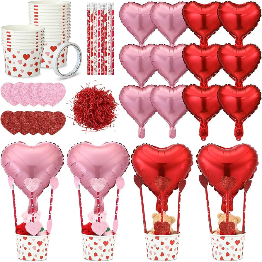 24 Set Valentine Hot Air Balloon Basket Centerpieces DIY Craft Galentine Table Decor Include Hear... | Amazon (US)