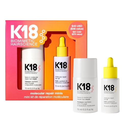 K18 Molecular Repair Minis Kit, Leave-In Molecular Hair Mask + Lightweight Repair Oil, Repairing Hair Duo to Strengthen + Smooth Frizz, Suitable for All Hair Types, Travel Size Kit | Amazon (US)