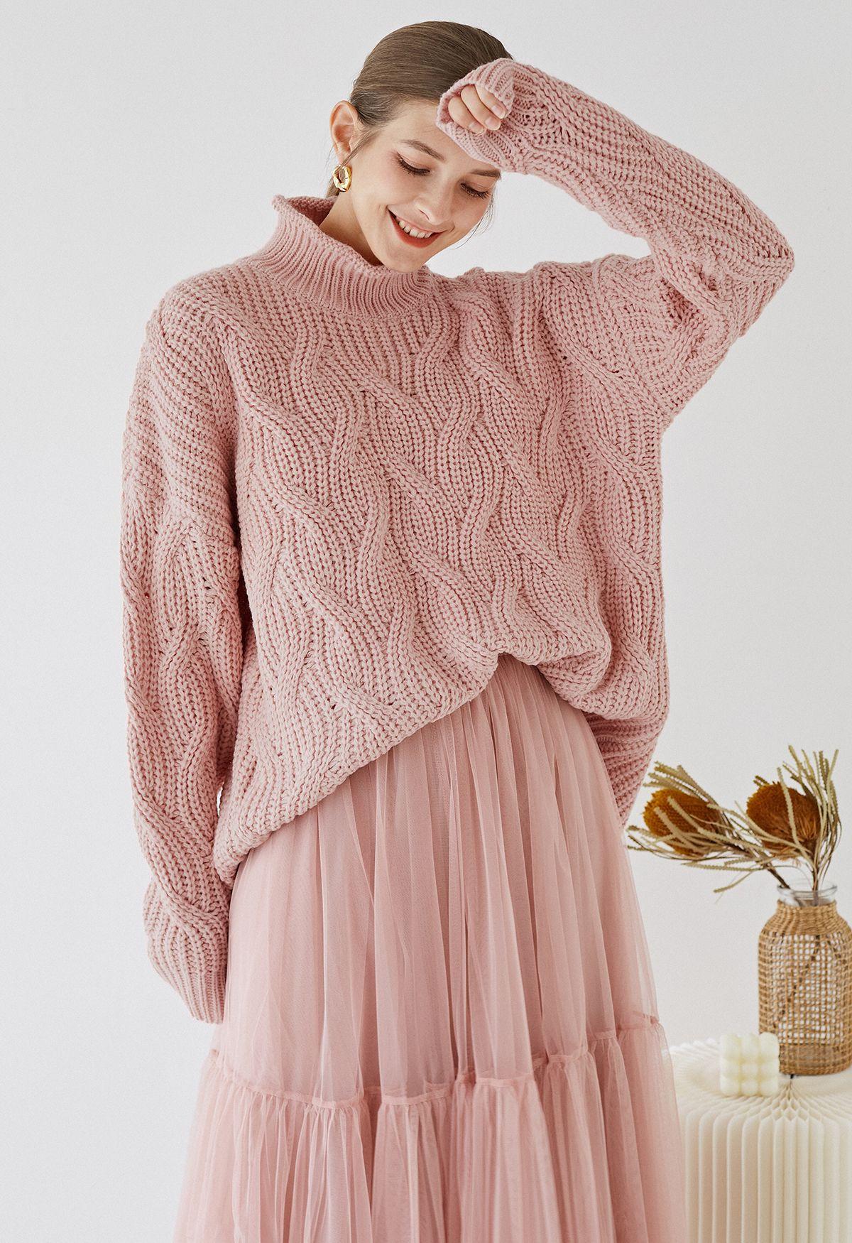 High Neck Hi-Lo Braided Chunky Knit Sweater in Pink | Chicwish