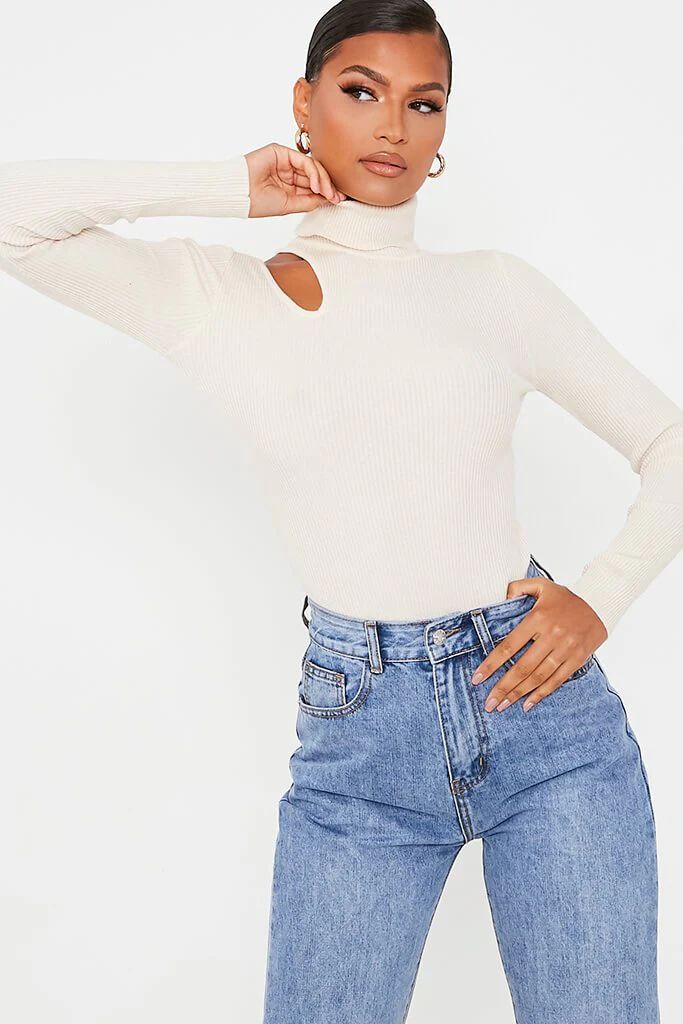 Stone Cutout Shoulder Turtle Neck Knitted Jumper | ISAWITFIRST