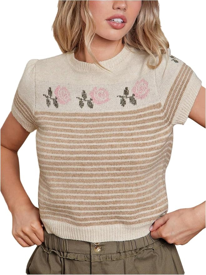 SHENHE Women's Short Sleeve Sweater Floral Print Striped Knit Pullover | Amazon (US)