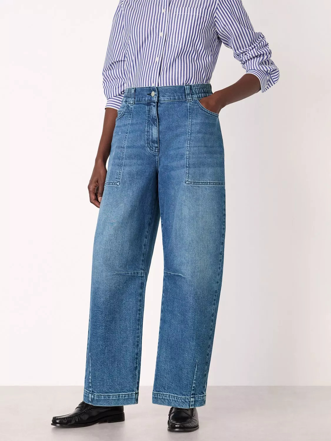 Whistles Elasticated Waist Barrel Leg Jeans, Blue | John Lewis (UK)