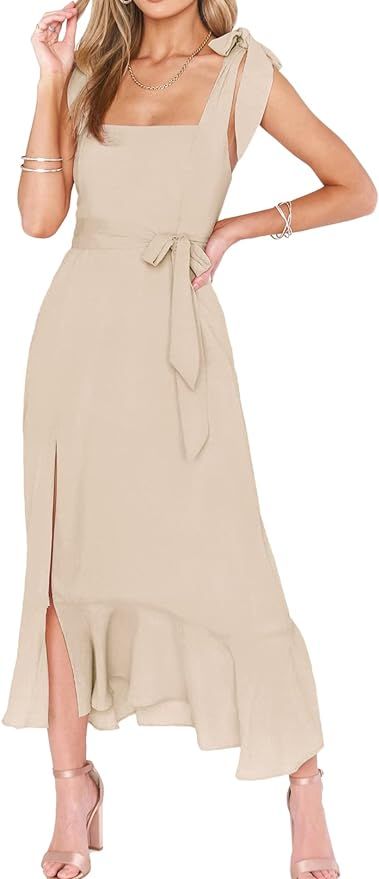 Women's Elegant Bridesmaid Dresses Square Neck Ruffle Split Midi Formal Dress for Wedding Guest C... | Amazon (US)