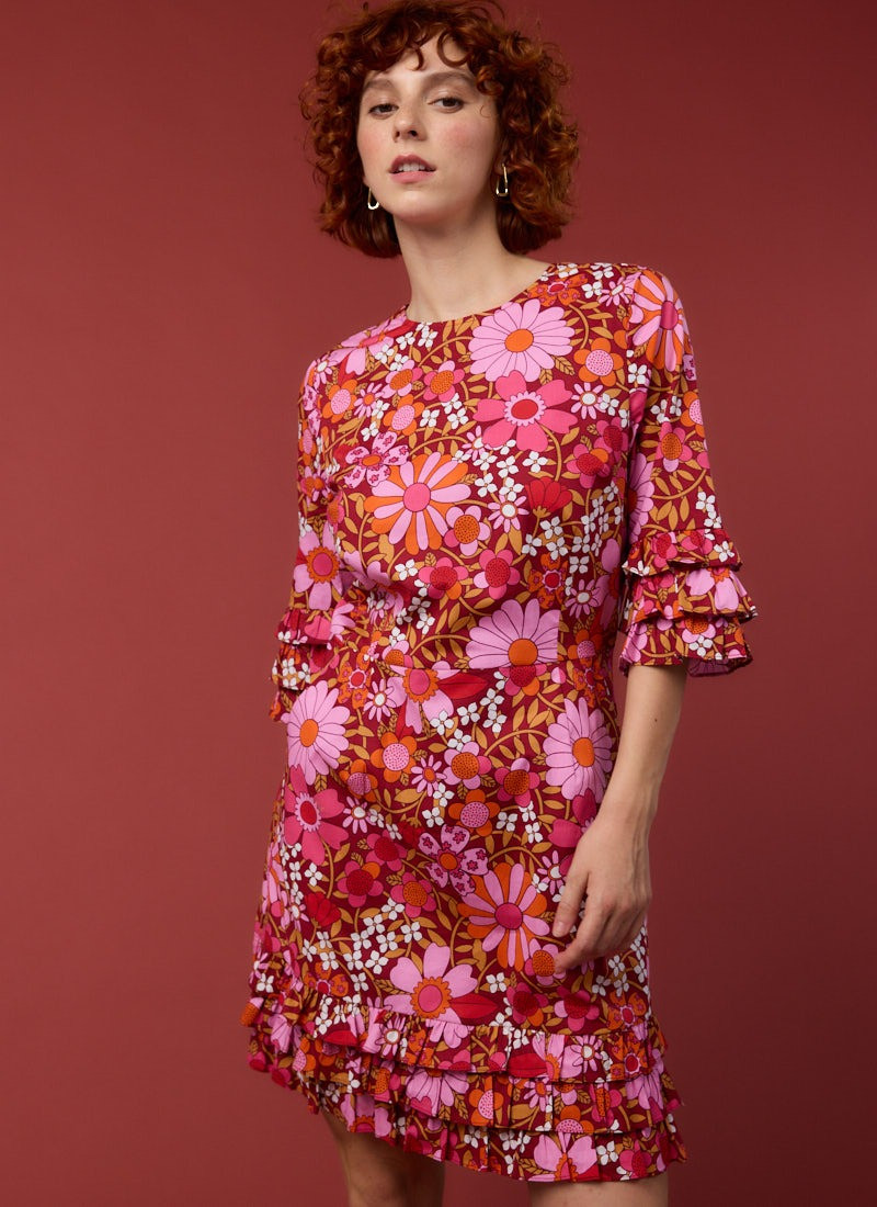 Katy Deckchair Floral Print Ruffle Sleeve Mini Dress | Joanie