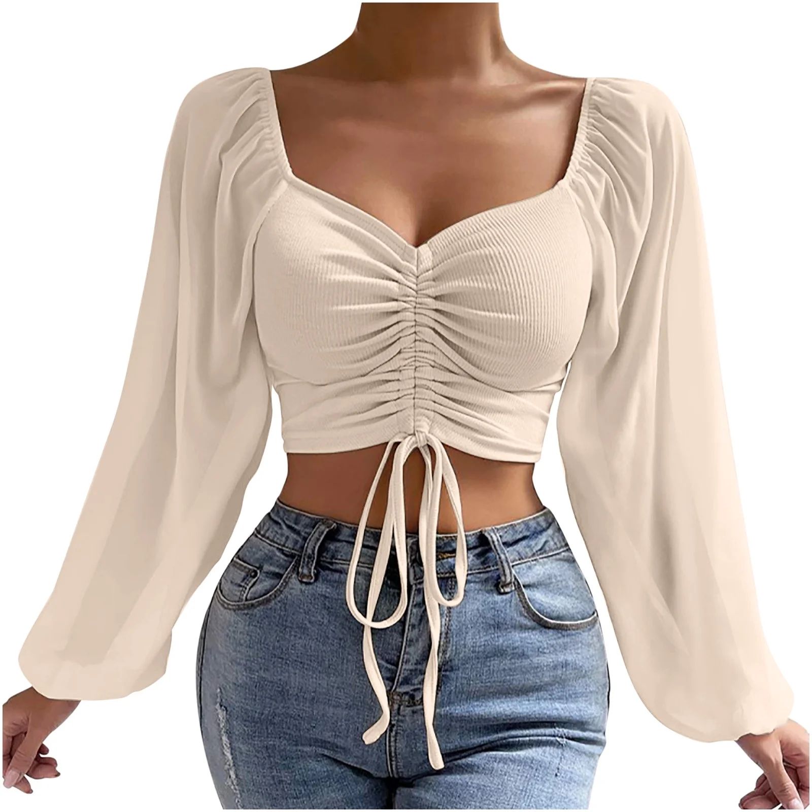 Yyeselk Women's Long Sleeve Cropped Tops V Neck Ruched Drawstring Ripped Solid Color Loose Fit Pu... | Walmart (US)