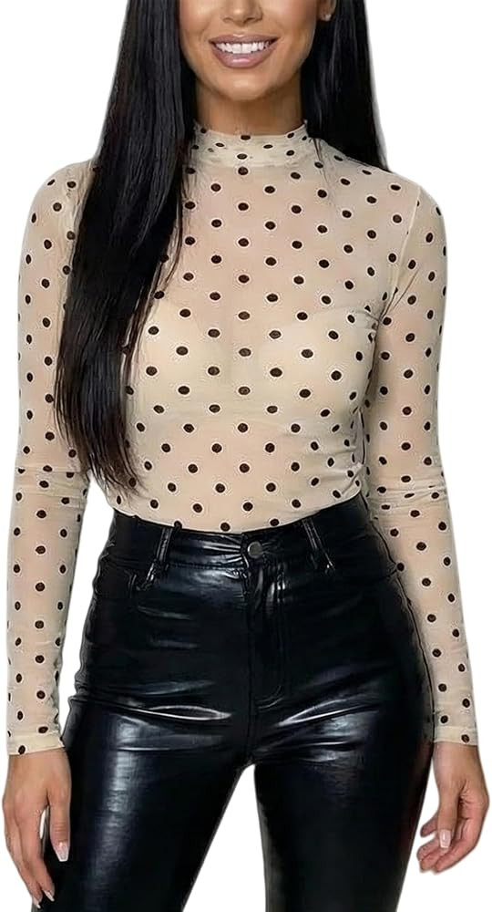 Mesh Tops for Women Long Sleeve Mock Neck Fitted Sexy Top See Through Tee Going Out Tops | Amazon (CA)