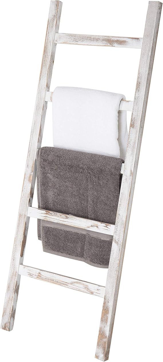MyGift Wall-Leaning Vintage White Wood Ladder Blanket & Towel Rack | Amazon (US)
