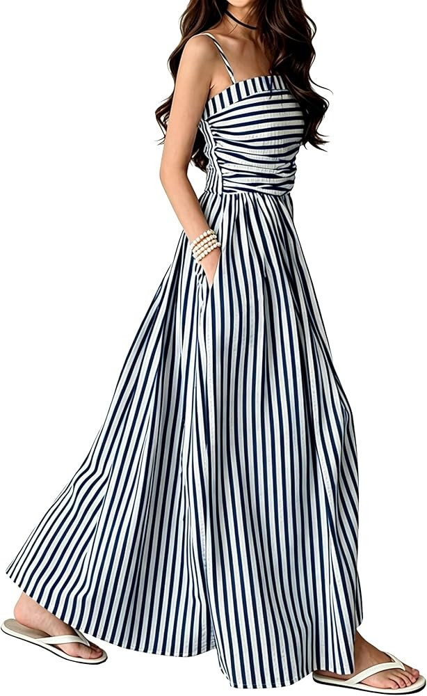 Women's Striped Maxi Dress Spaghetti Strap Back Smocked Flowy Swing Beach Sundress | Amazon (US)