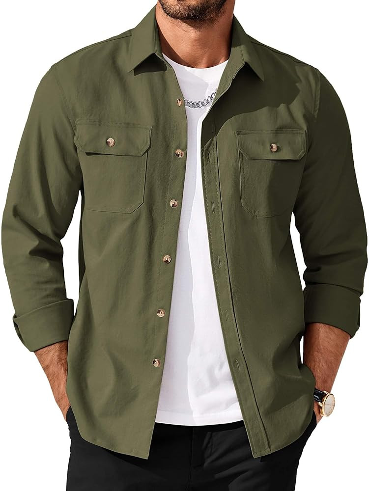 COOFANDY Men's Long Sleeve Button Up Shirt Jacket with Flap Pockets | Amazon (US)