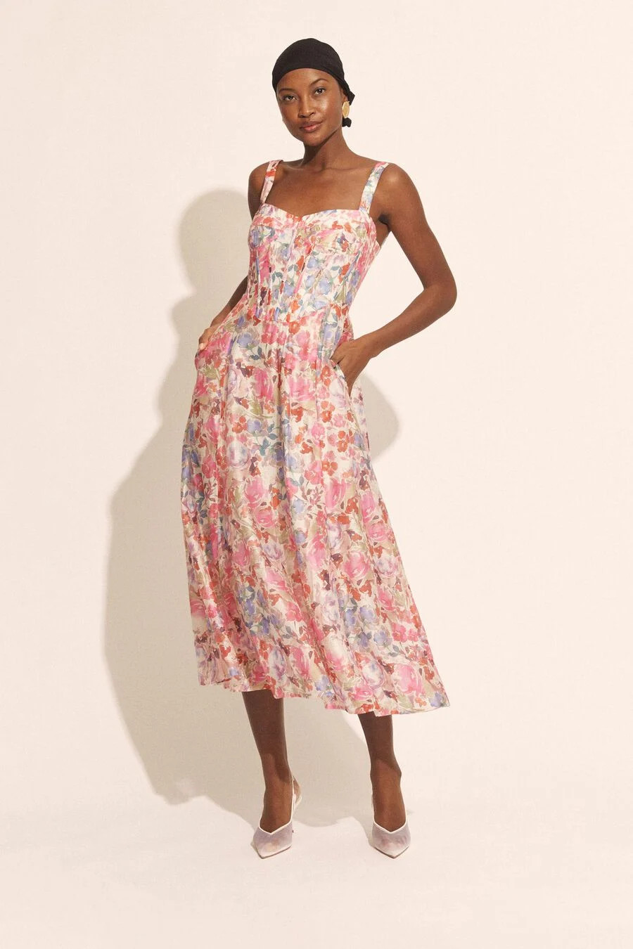 lilah corset midi dress in pink flora | Bardot (US)