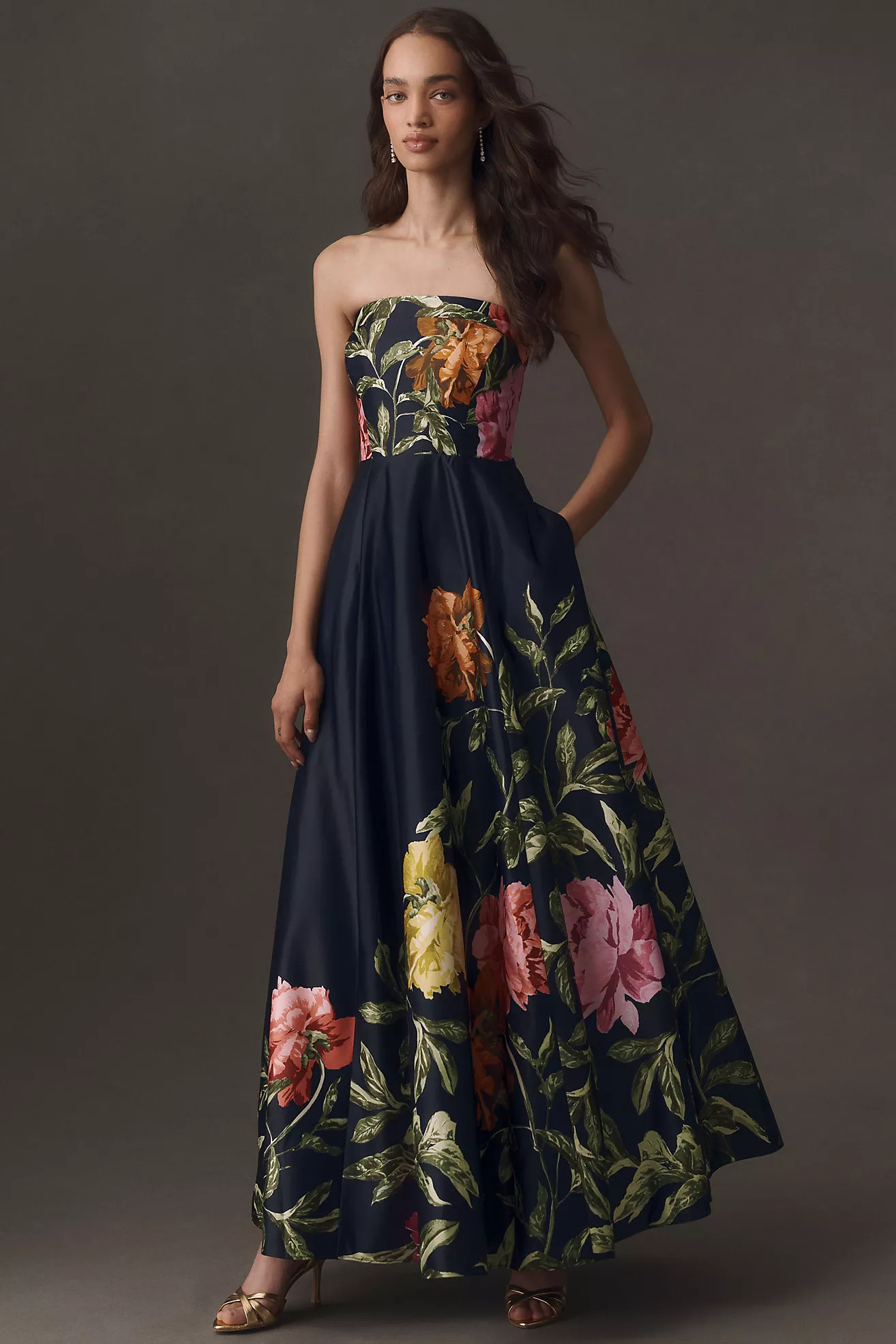 BHLDN Kira Strapless Printed Satin A-Line Maxi Dress | Anthropologie (US)