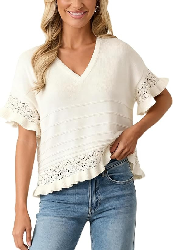 Women's V Neck Short Sleeve Sweater Ruffled Hem Knit Crochet Pullover Casual Summer Top Blouse | Amazon (US)