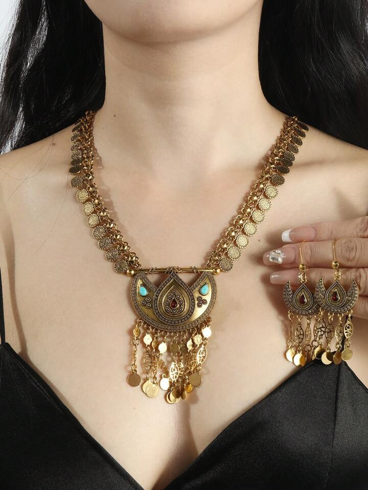 1set Bohemian Vintage Tassel & Coin Pendant Necklace And Earrings Set | SHEIN