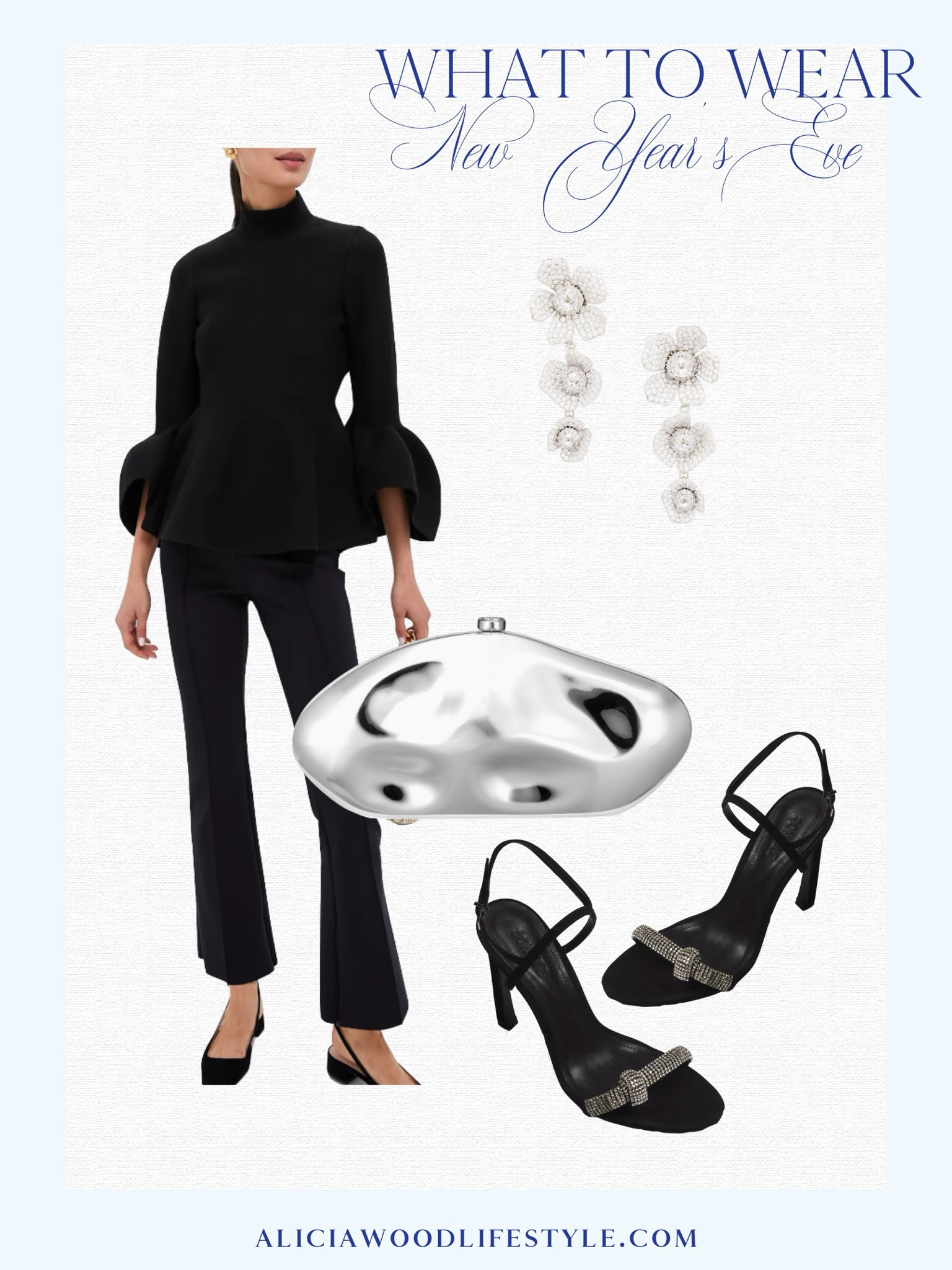What to Wear Nee Years Eve 

Black pants
Black top with sleeve detail 
Black sandals with crystal detail 
Metallic clutch 
Diamond tiered drop earrings 

#LTKHoliday #LTKOver40 #LTKStyleTip