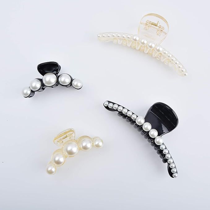 DEEKA 4 Pcs Large Pearl Hair Claw Clips White Black Hair Clips Thick Long Hair Jaw Clips Barrette... | Amazon (US)