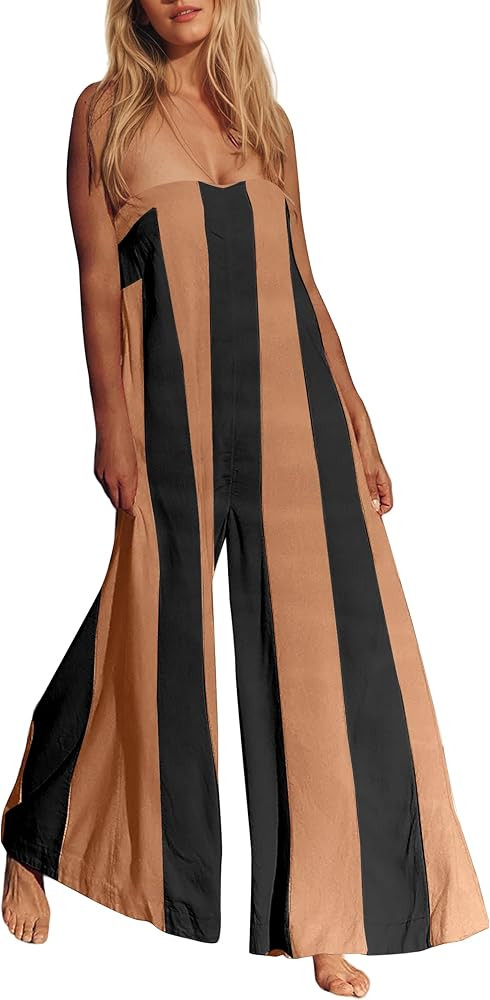 Striped Wide Leg Jumpsuits for Women Summer Beach Strapless Long Romper Sleeveless Off Shoulder O... | Amazon (US)