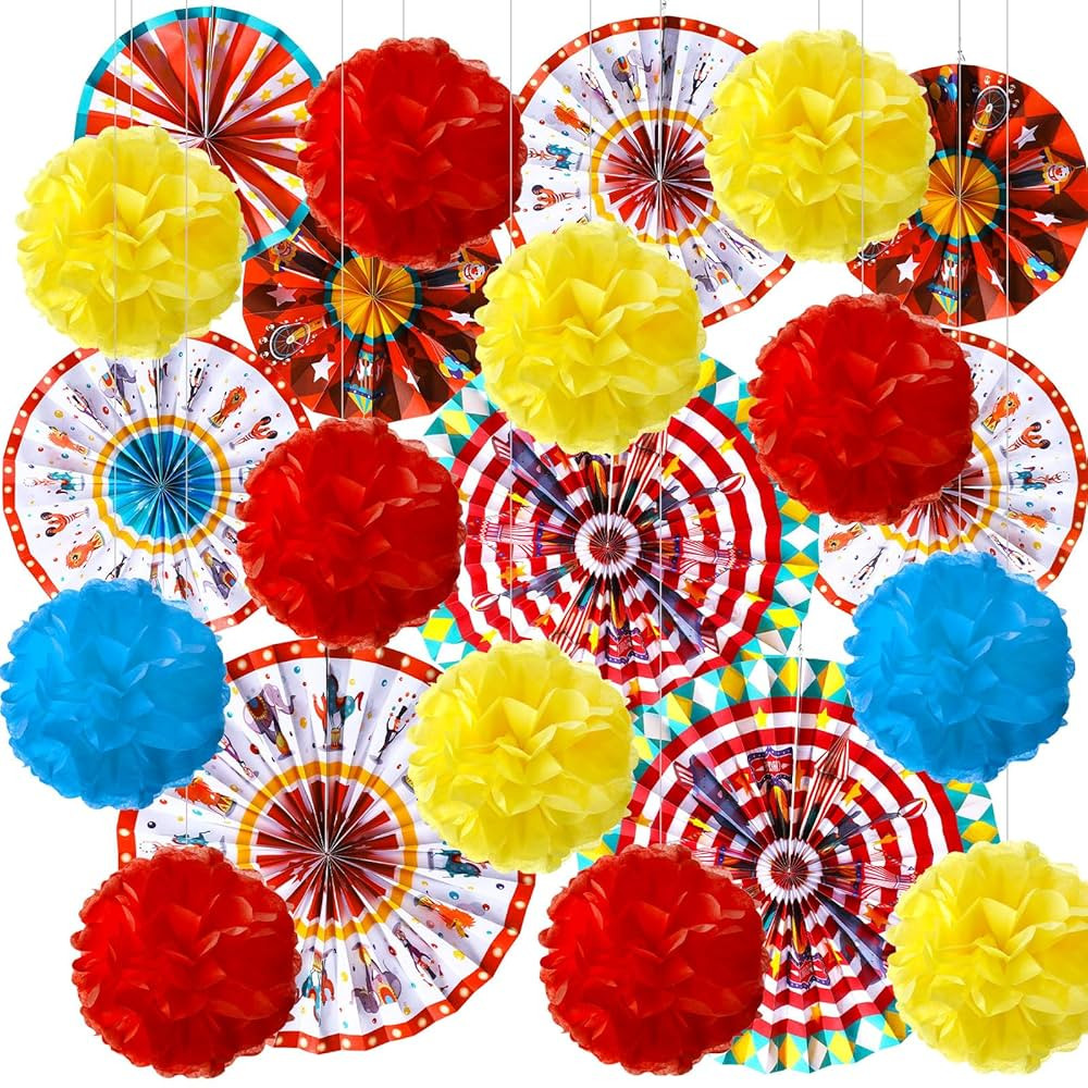 Outus 21 Pcs Carnival Party Decorations with Circus Hanging Paper Fans Red Yellow Blue Paper Pom ... | Amazon (US)