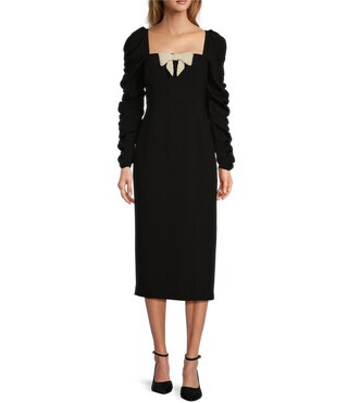 Elena Crepe Square Neck Long Ruched Sleeve Pearl Bow Midi Dress | Dillard's