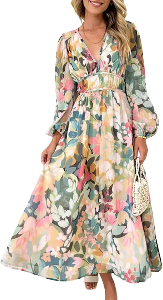Women's Loose Fit A-Line Floral Print Long Sleeve V-Neck Multicolor Maxi Dress Casual 2025 Spring... | Amazon (US)