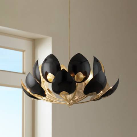 Lotus 16Lt Gold Leaf/Bk Shade Chandelier - #84V38 | Lamps Plus | Lamps Plus