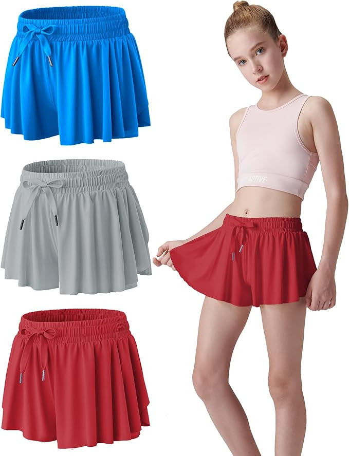 3 Pack Girls Flowy Shorts with Spandex Liner 2-in-1 Youth Butterfly Skirts for Fitness, Running, ... | Amazon (US)