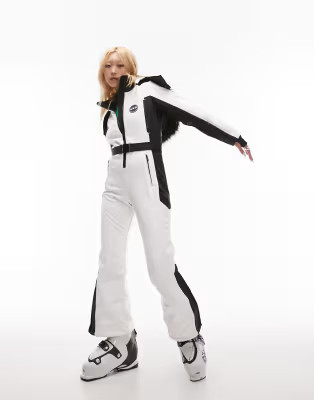 Topshop Petite Sno ski suit with fur hood & belt in white | ASOS (Global)