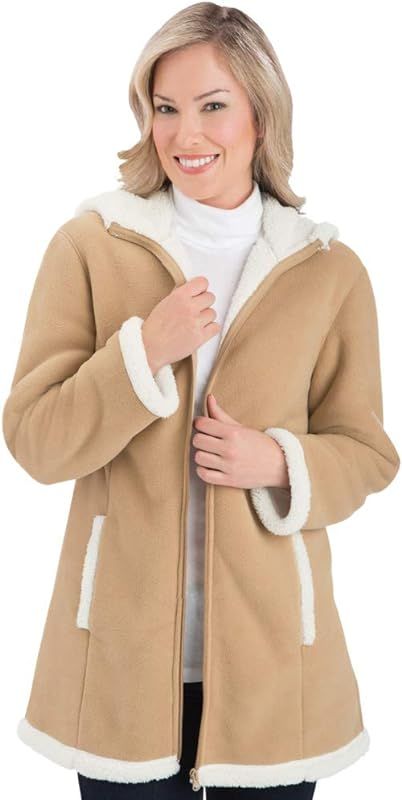 Collections Etc Women's Polar Fleece Sherpa Lined Zip Up Coat BEIGE LARGE | Amazon (US)