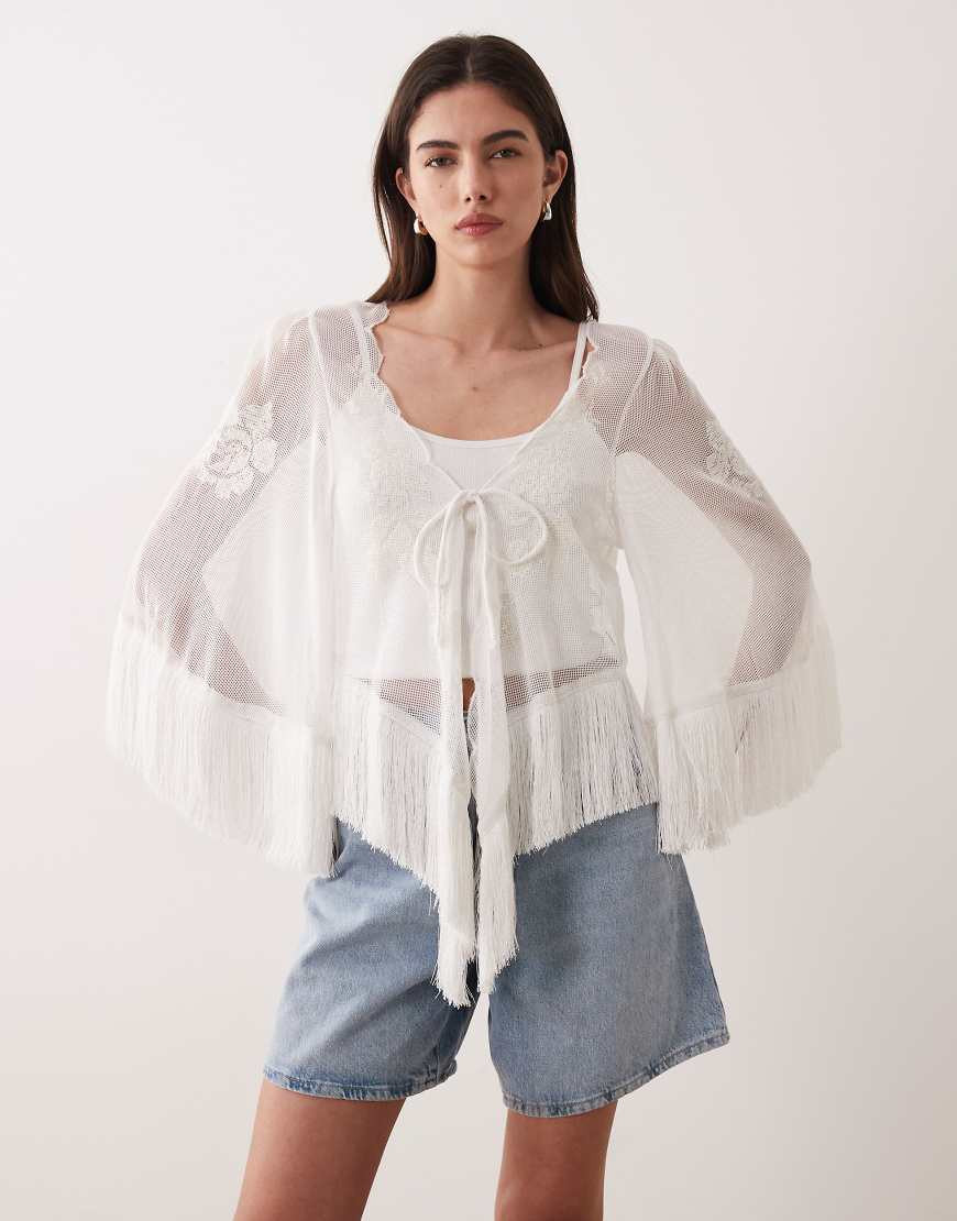 ASOS DESIGN sheer embroidered tie front top with fringed hem in white - WHITE | ASOS (Global)