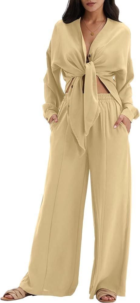 DEEP SELF Womens 2 Piece Outfits Casual Long Sleeve Slit Hem Button Down Shirt Wide Leg Long Pant... | Amazon (US)