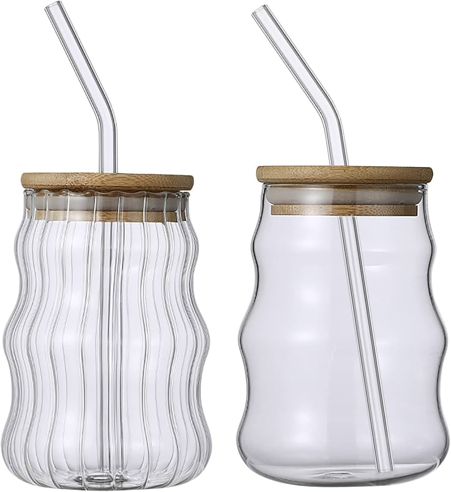 2 Pcs Ribbed Glassware Drinking Glasses with Bamboo Lid and Straws, 17oz Ripple Glass Cups Iced C... | Amazon (US)