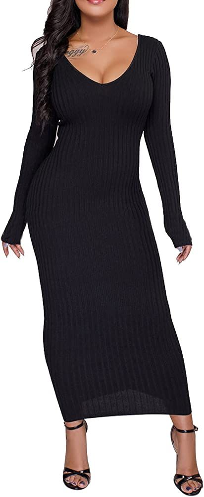 BestGirl Women's Sexy Ribbed Sweater Dresses Bodycon V Neck Off Shoulder Long Sleeve Lightweight ... | Amazon (US)