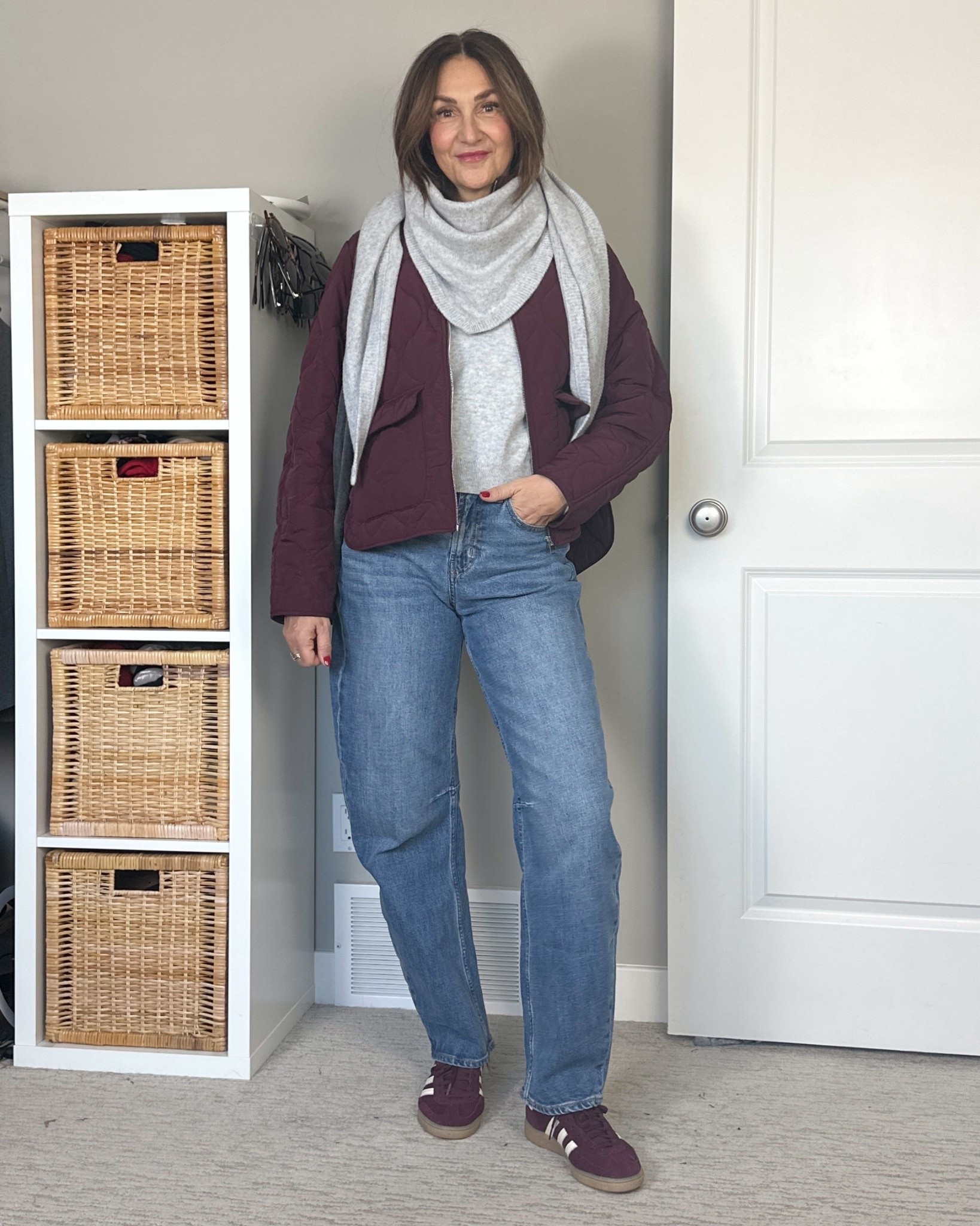Winter outfit! When I wear barrel jeans I prefer a shorter coat to balance the volume in the jeans. I also love how the coat is the same color as the sneakers - makes the outfit feel very intentional. 
I’m 5’ 7” wearing my usual size 4 in the jeans and S in the cashmere sweater and jacket. Triangle scarf is also cashmere and so soft and warm - I have it in black too. Adidas sneakers fit a bit big, I always go down 1/2 size 



#LTKSeasonal #LTKFindsUnder100 #LTKootd
