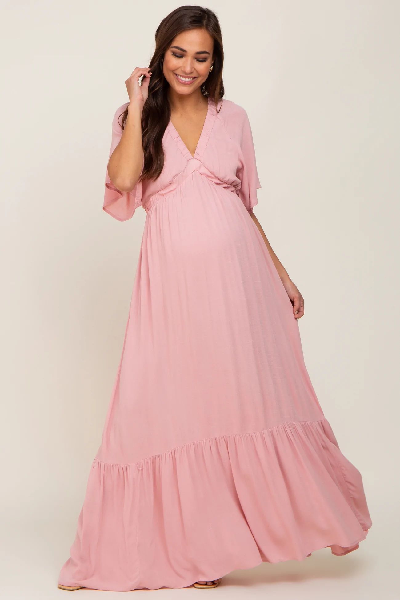 Light Pink V-Neck Flounce Sleeve Maternity Maxi Dress | PinkBlush Maternity