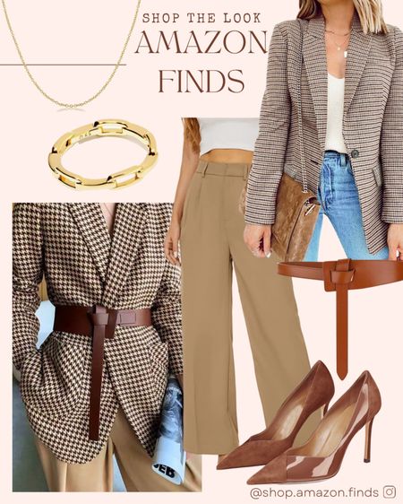 Pinterest inspired look for women’s fall fashion! Classic blazer, high waisted slacks, brown belt, and pumps. Top it off with some staple gold jewelry.

#LTKSeasonal #LTKstyletip #LTKshoecrush