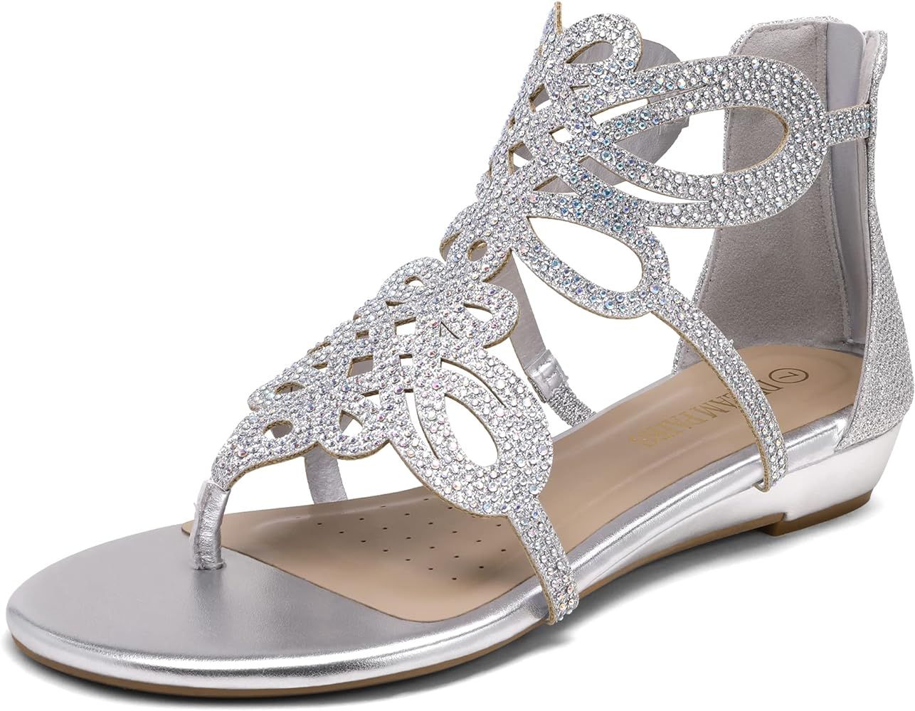 DREAM PAIRS Women's Jewel Rhinestones Design Ankle High Flat Sandals | Amazon (US)