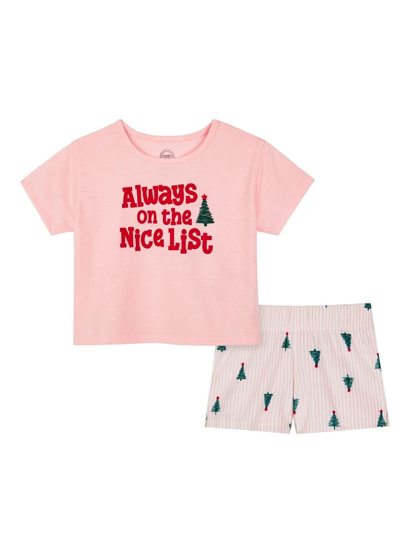 Wonder Nation Girls Short Sleeve Top and Shorts Pajama Set, 2-Piece, Sizes 4-18 & Plus | Walmart (US)
