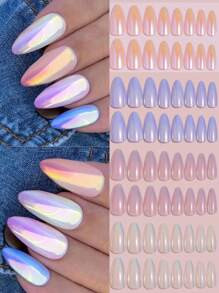 VV MEI JIA ER 96pcs(White/Pink/Blue/Light Yellow-Mixed 4colors) Magic Chrome Shiny Medium Almond ... | SHEIN