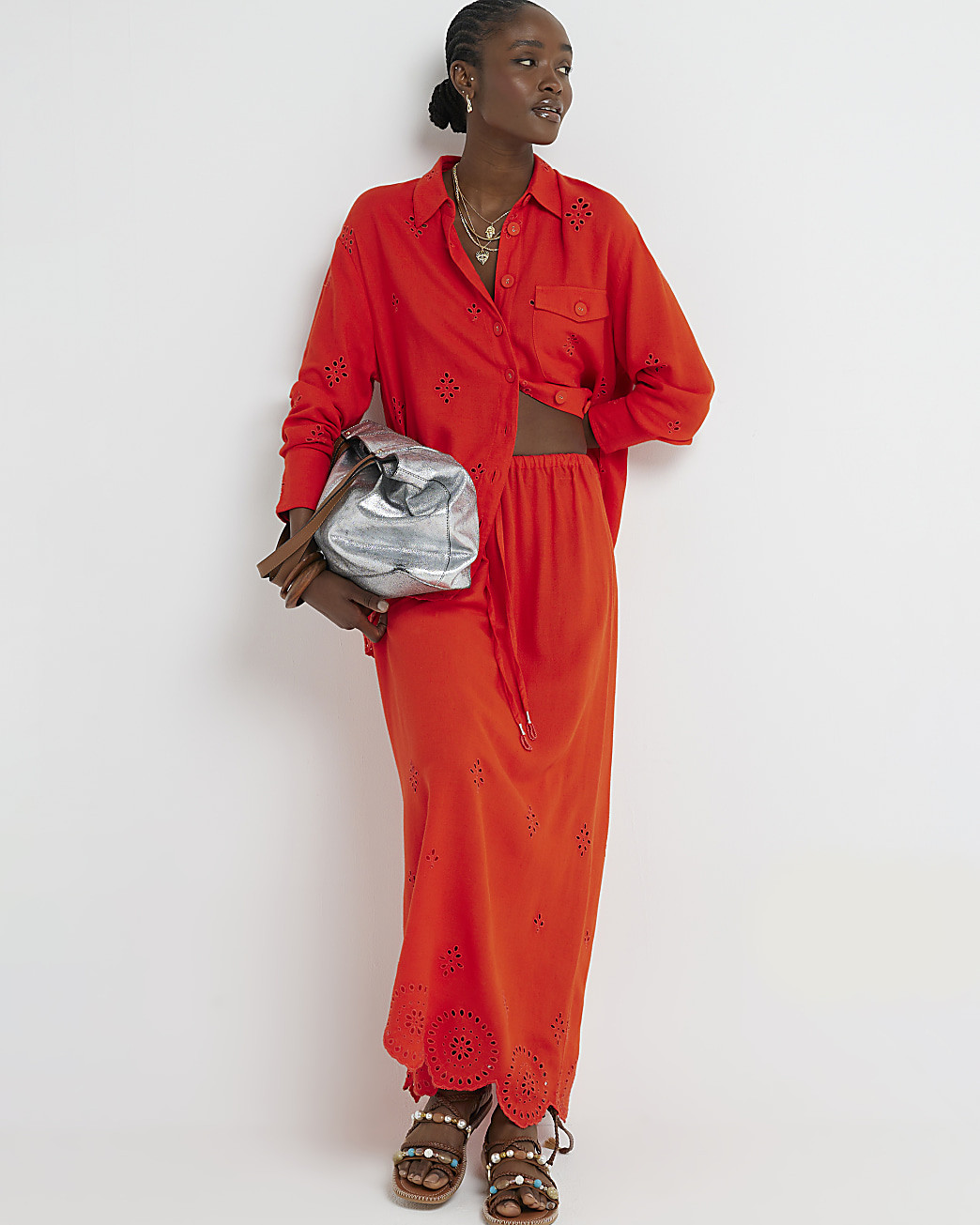 Red Linen Blend Broderie Maxi Skirt | River Island (UK & IE)